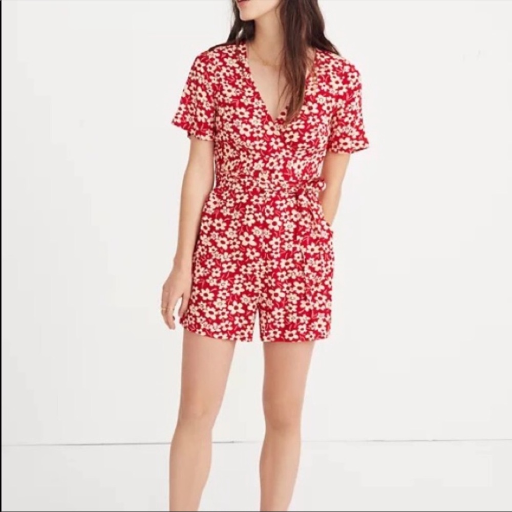 Madewell Red Fliral Wrap Romper